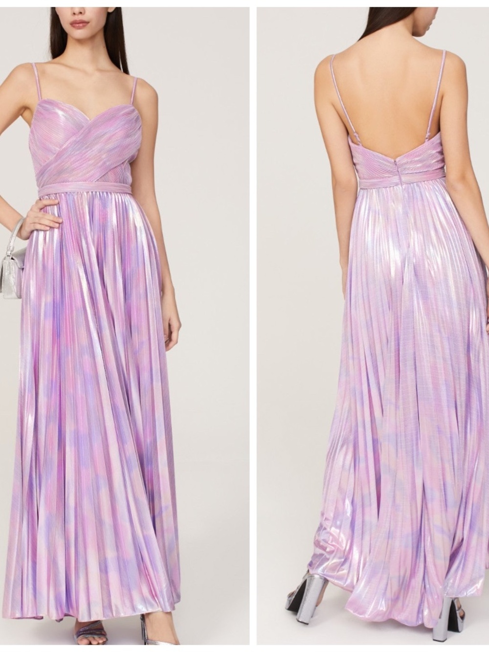 Ieena for Mac Duggal Purple Metallic Iridescent Maxi Dress Gown Pleated V-neck 4